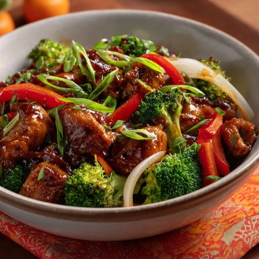 Crispy beef and broccoli stir-fry served in a bowl with spring onions and red peppers.