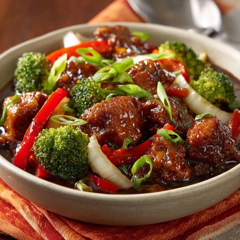 Crispy beef and broccoli featuring tender meat and vibrant vegetables coated in a rich, glossy sauce.