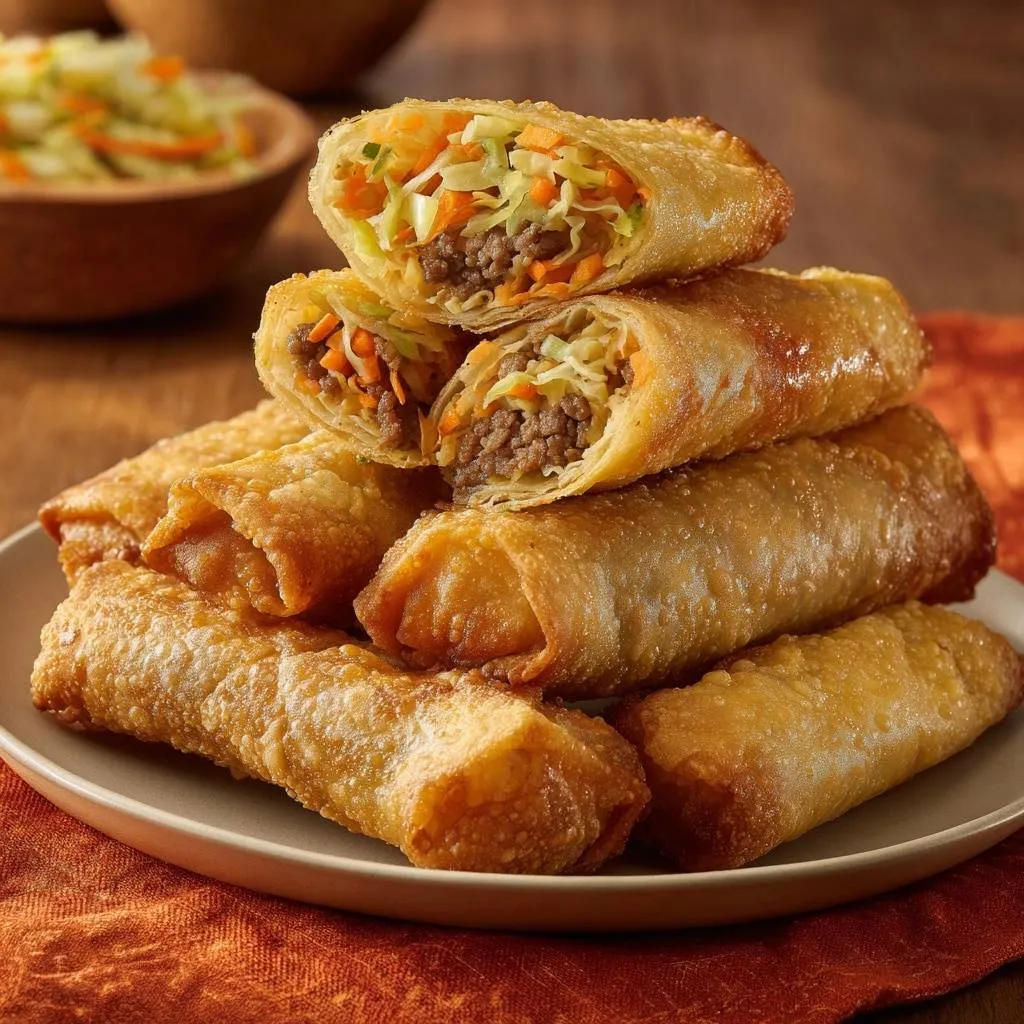 Crispy beef egg rolls showing a cross-section of the filling, stacked on a plate.