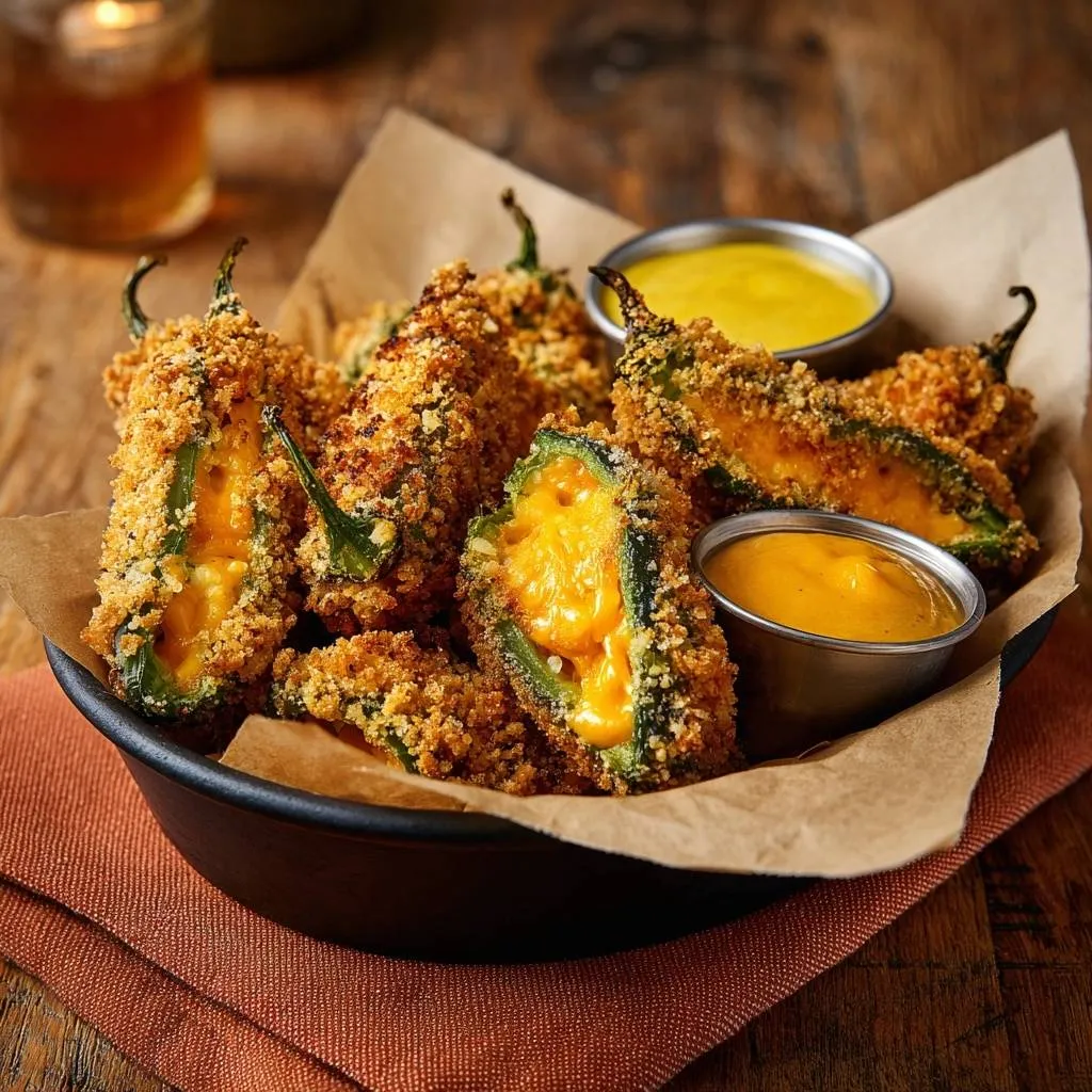 Crispy cheddar jalapeño poppers shown in a cross-section, revealing the melted cheese filling and breaded exterior.