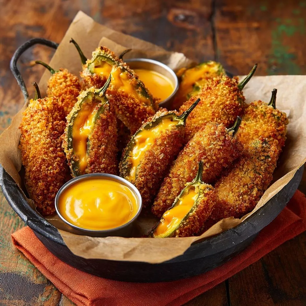 Crispy cheddar jalapeño poppers shown in a close-up cross-section revealing melted cheese filling.