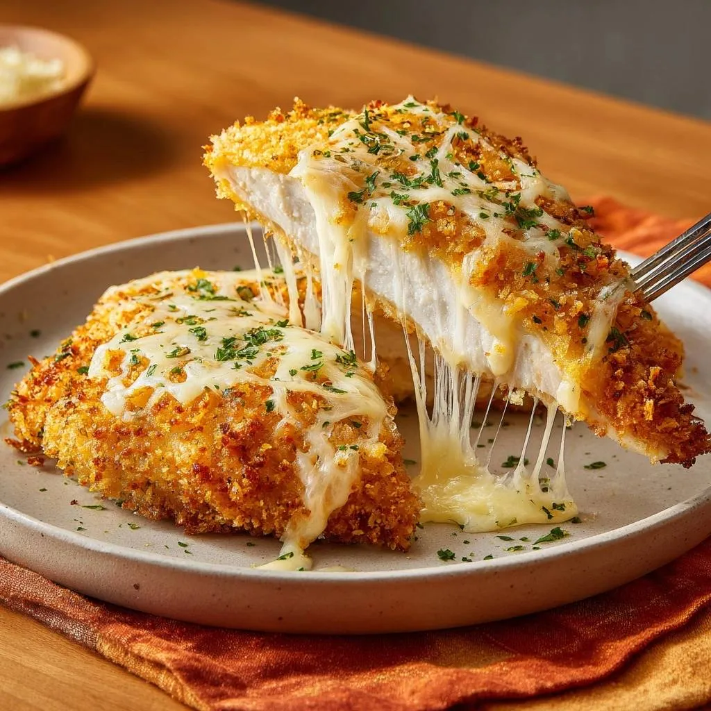 Crispy cheesy chicken cutlets showing a dramatic cheese pull as a piece is lifted with a fork.