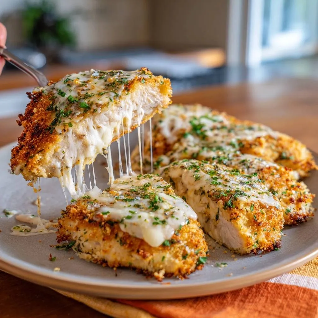 Crispy cheesy chicken cutlets with a fork pulling up a slice showing melted mozzarella cheese strings.