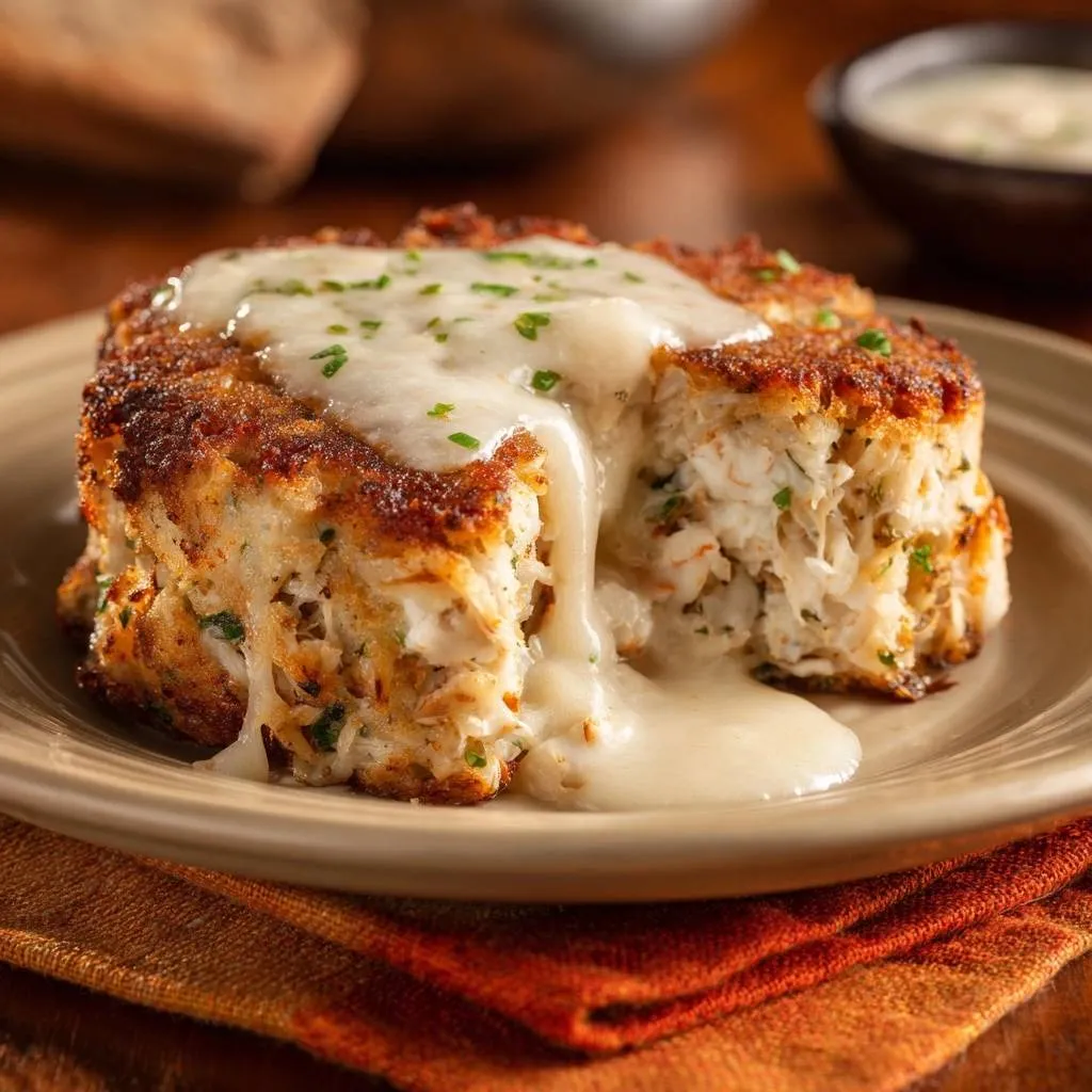 Crispy cheesy crab rice cakes cross-section showing the interior texture and drizzled with creamy sauce.