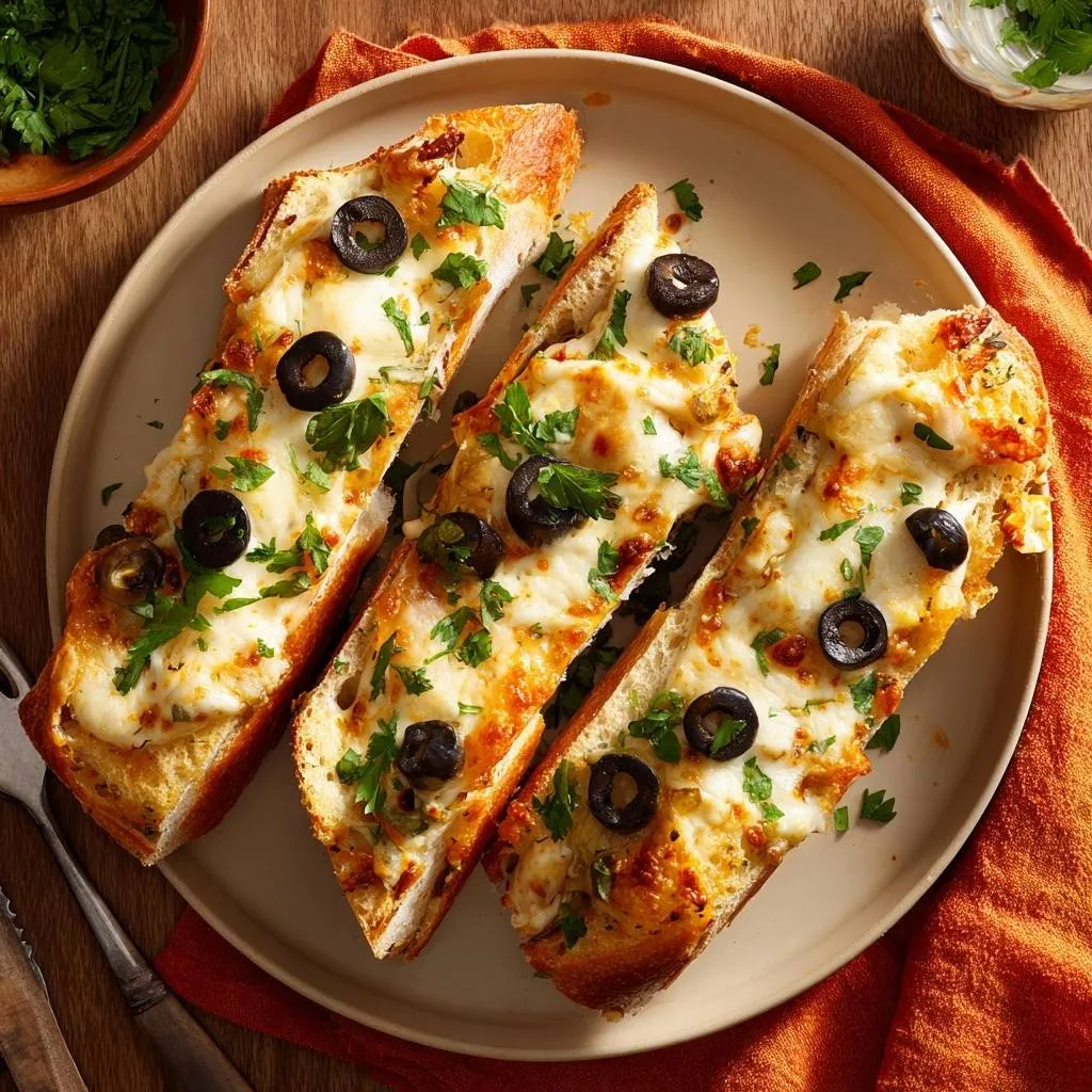 Crispy cheesy olive baguette sliced on a plate, topped with melted cheese, olives, and fresh parsley.