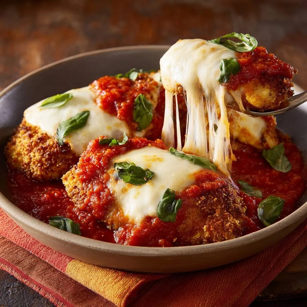 Crispy chicken Parmesan with a generous portion of melted cheese being lifted on a fork, showing a delicious cheese pull.