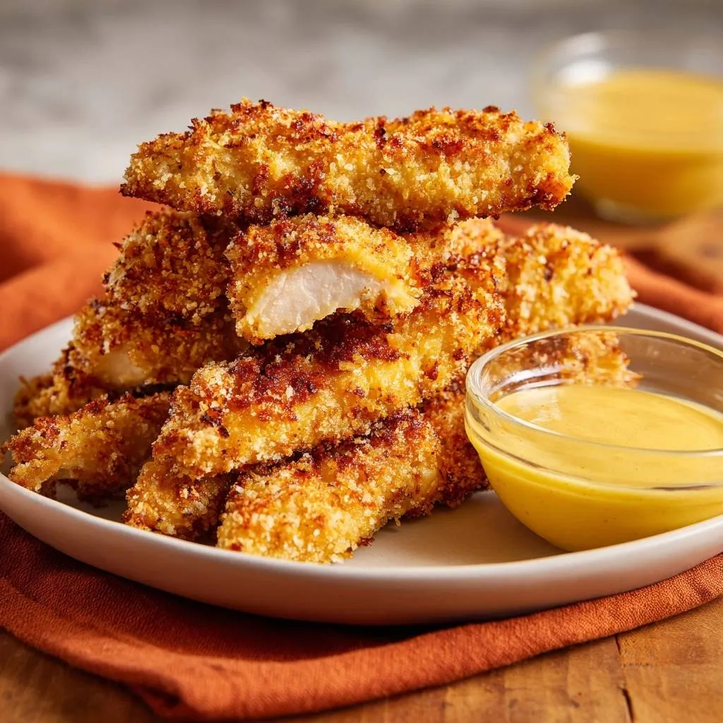 Crispy chicken tenders cross-section with a side of dipping sauce, showcasing the double-dip method.