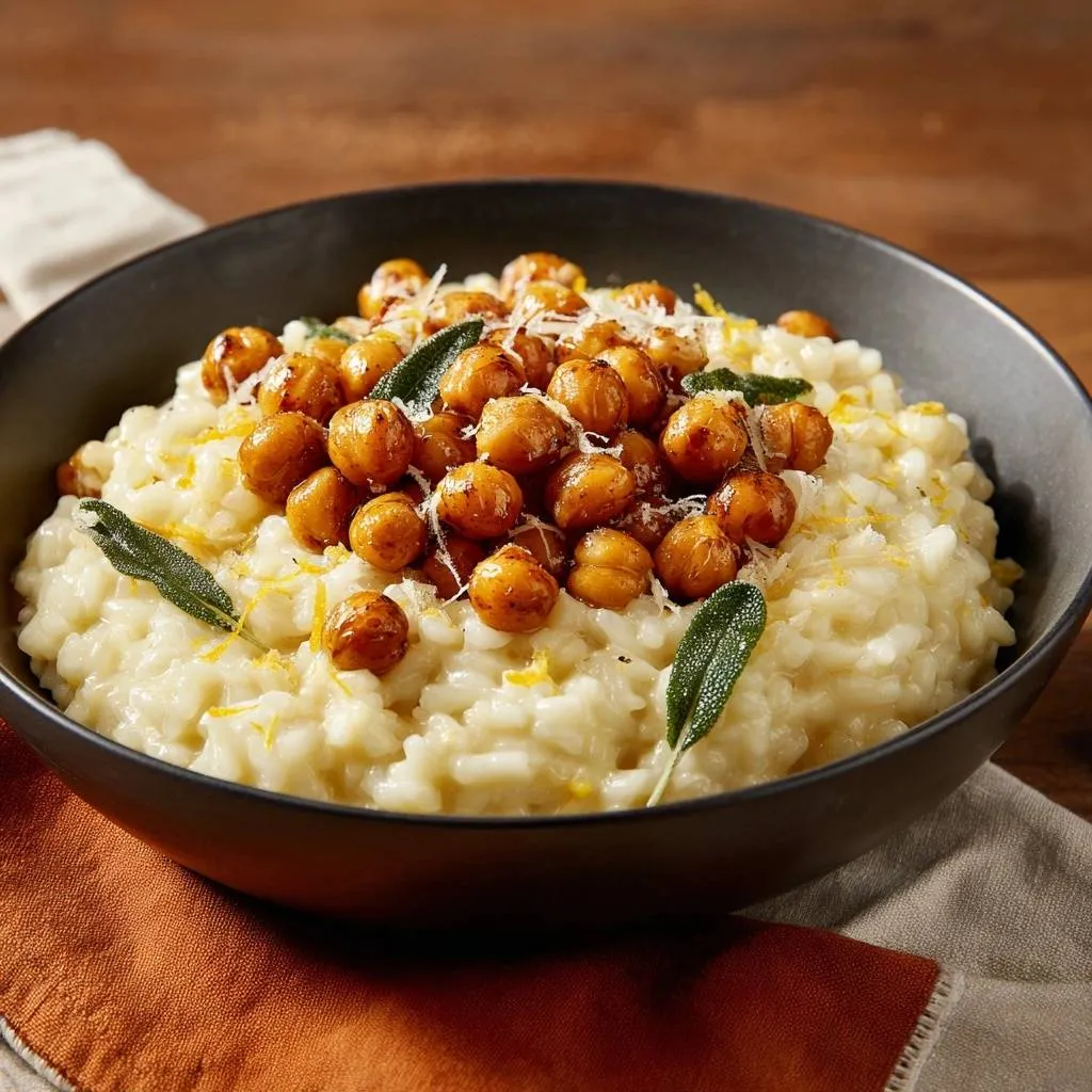 Crispy chickpea and sage risotto, featuring a close-up view of the topping and creamy rice texture.