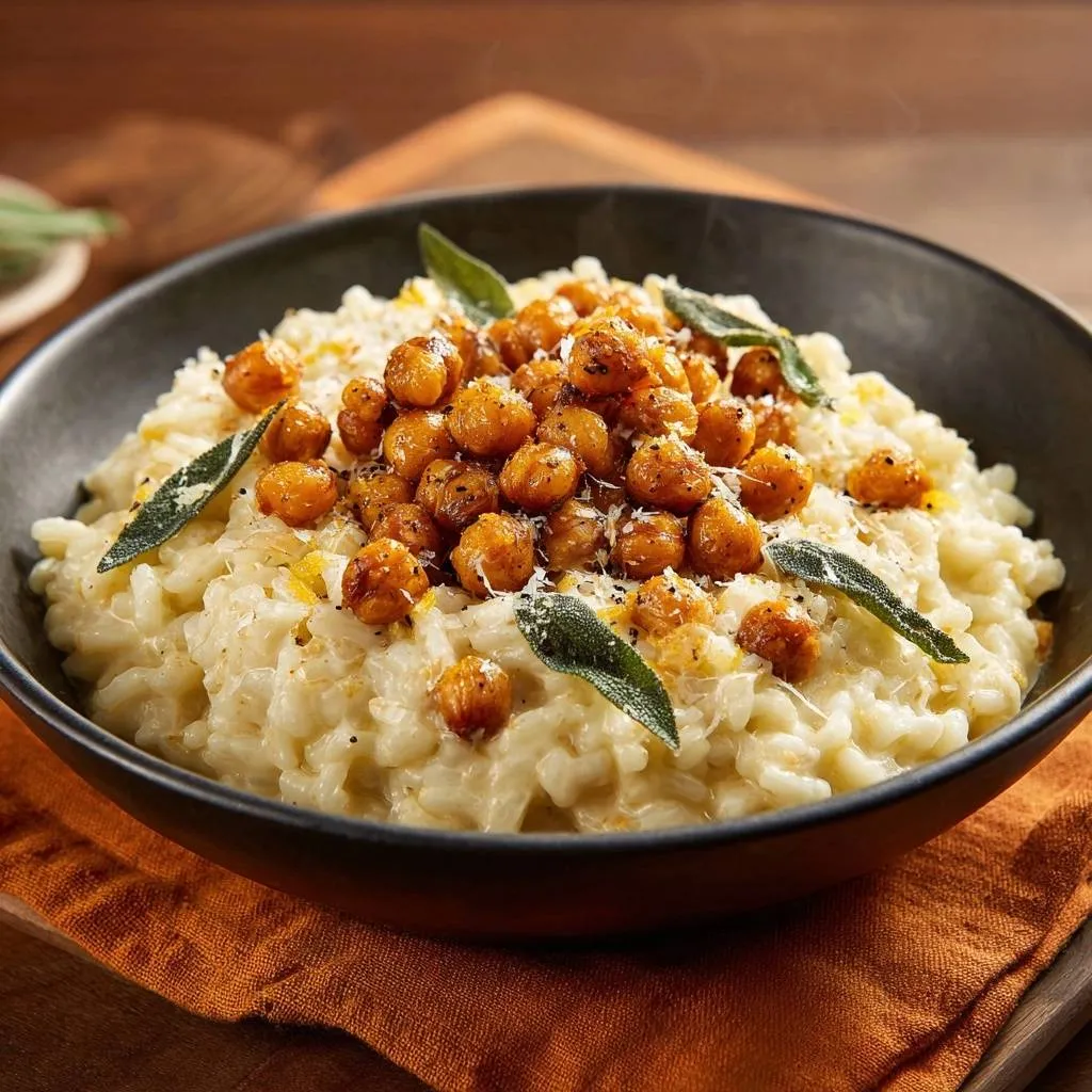 Crispy chickpea & sage risotto served in a dark bowl, topped with roasted chickpeas and sage leaves.