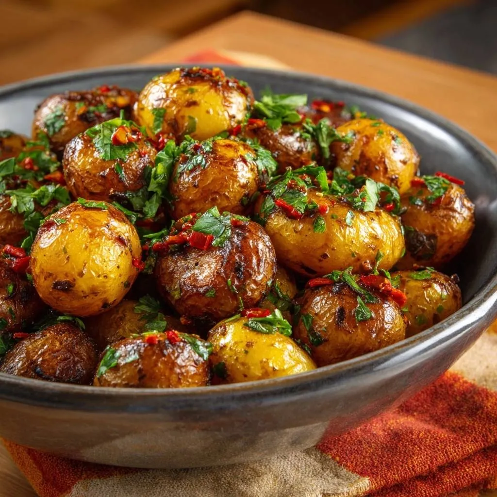 Crispy chili baby potatoes served in a dark bowl, garnished with fresh parsley and chili flakes.