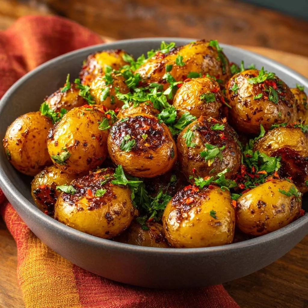 Crispy chili baby potatoes generously garnished with parsley, served in a rustic bowl.