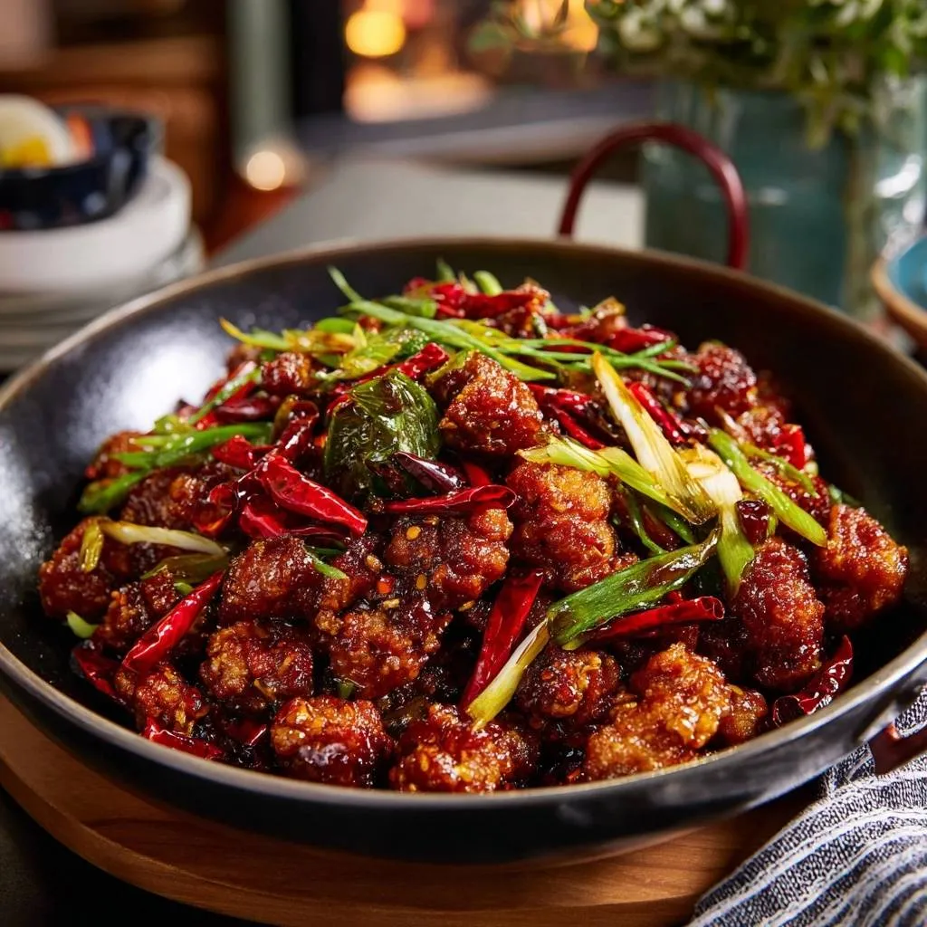 Crispy chili chicken served in a black wok, garnished with green onions and dried red chilies.