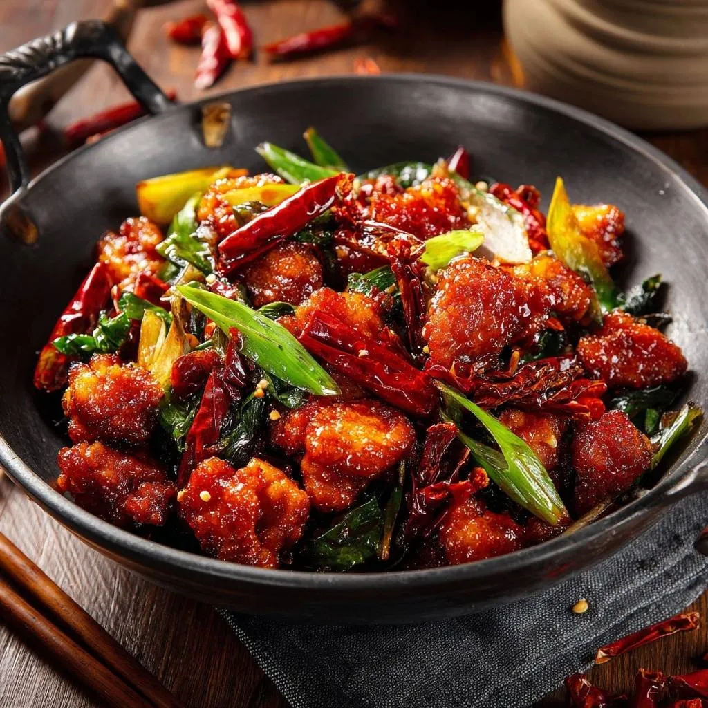 Crispy chili chicken served in a wok, showcasing tender juicy bites with dried chilies and green onions.
