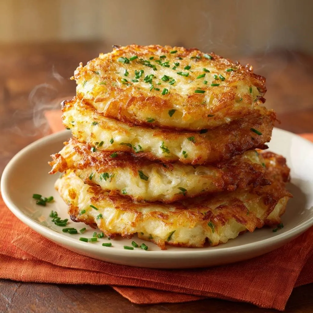 Crispy chive potato latkes stacked high on a white plate, showcasing their golden-brown texture and chive garnish.