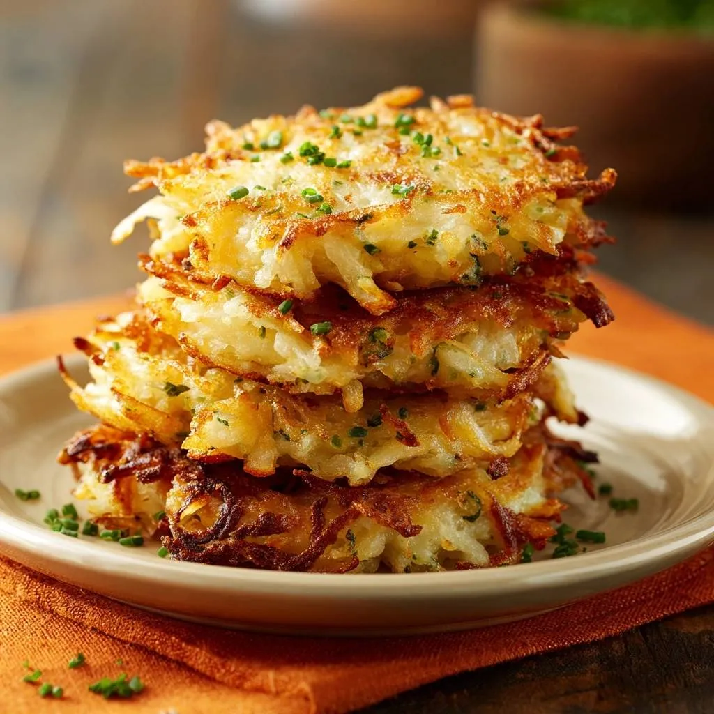 Crispy chive potato latkes stacked high on a plate, showcasing their golden-brown, shredded potato texture.
