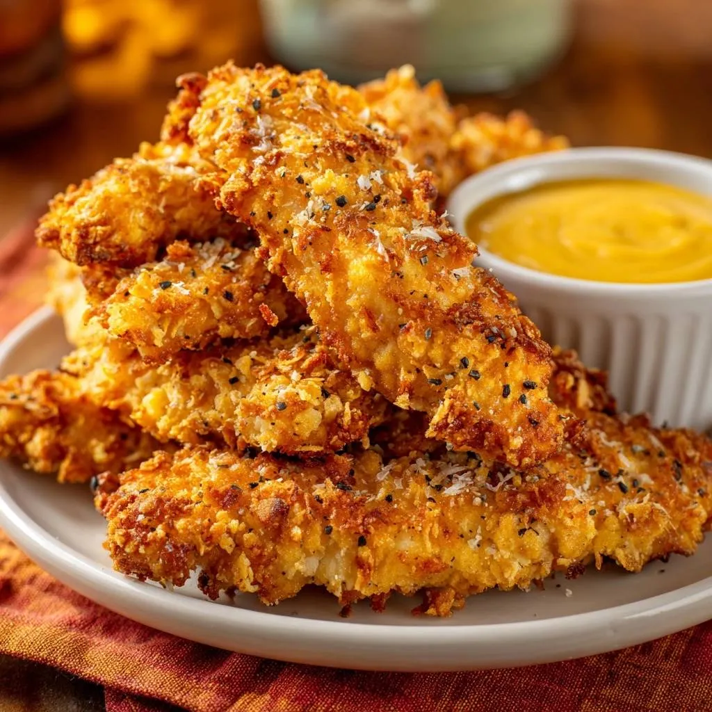 Crispy coconut parmesan chicken tenders plated with a side of dipping sauce, showcasing their golden-brown coating.