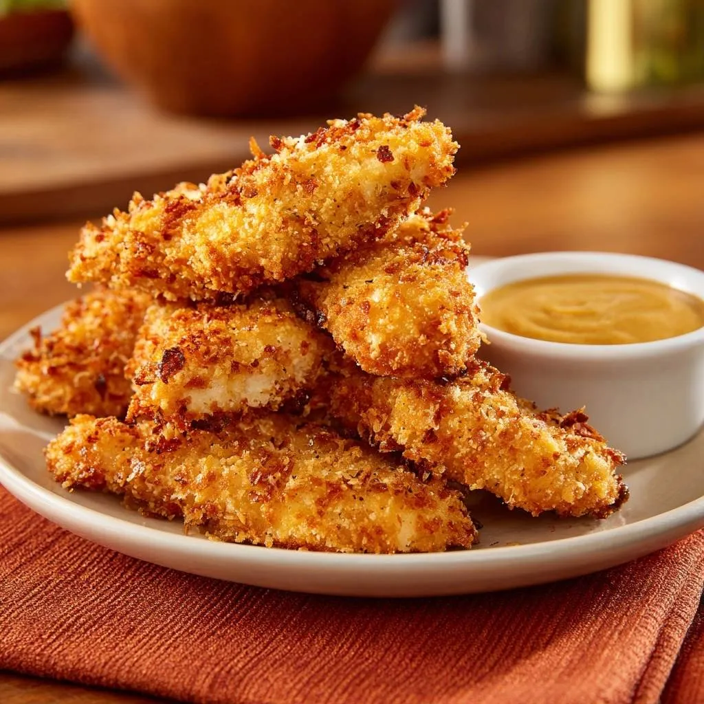 Crispy coconut parmesan chicken tenders served on a platter with a side of mustard dipping sauce.