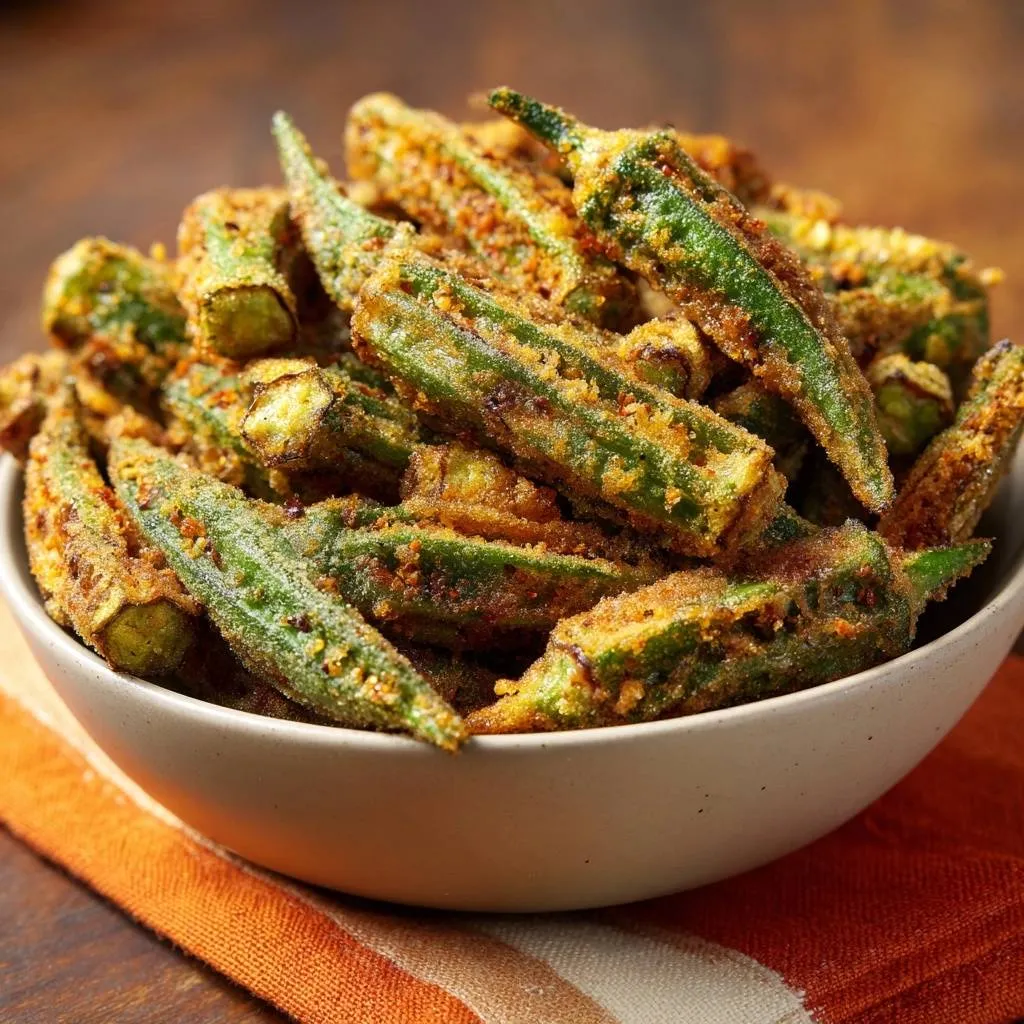 Crispy fried okra in a bowl, showcasing its golden-brown breaded coating and green pods.