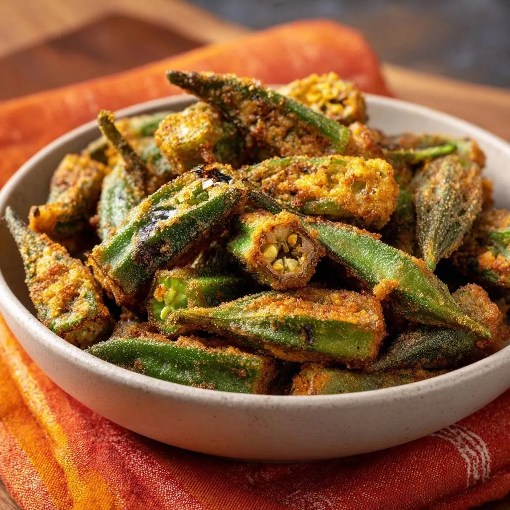 Crispy fried okra, a slime-free Southern classic, shown with a close-up view revealing the interior cross-section of the pods.