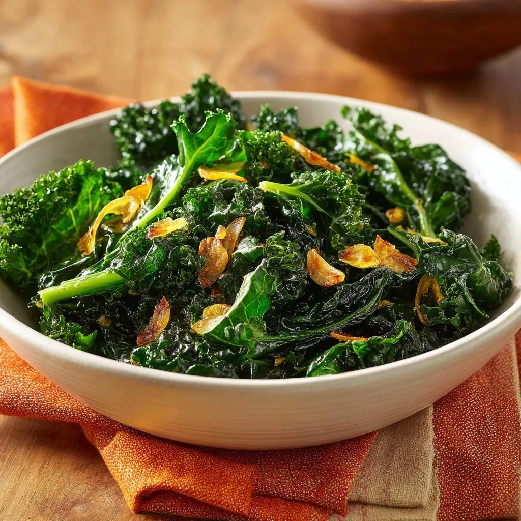 Crispy garlic kale shown in a white bowl with a close-up view of the sautéed leaves and garlic pieces.