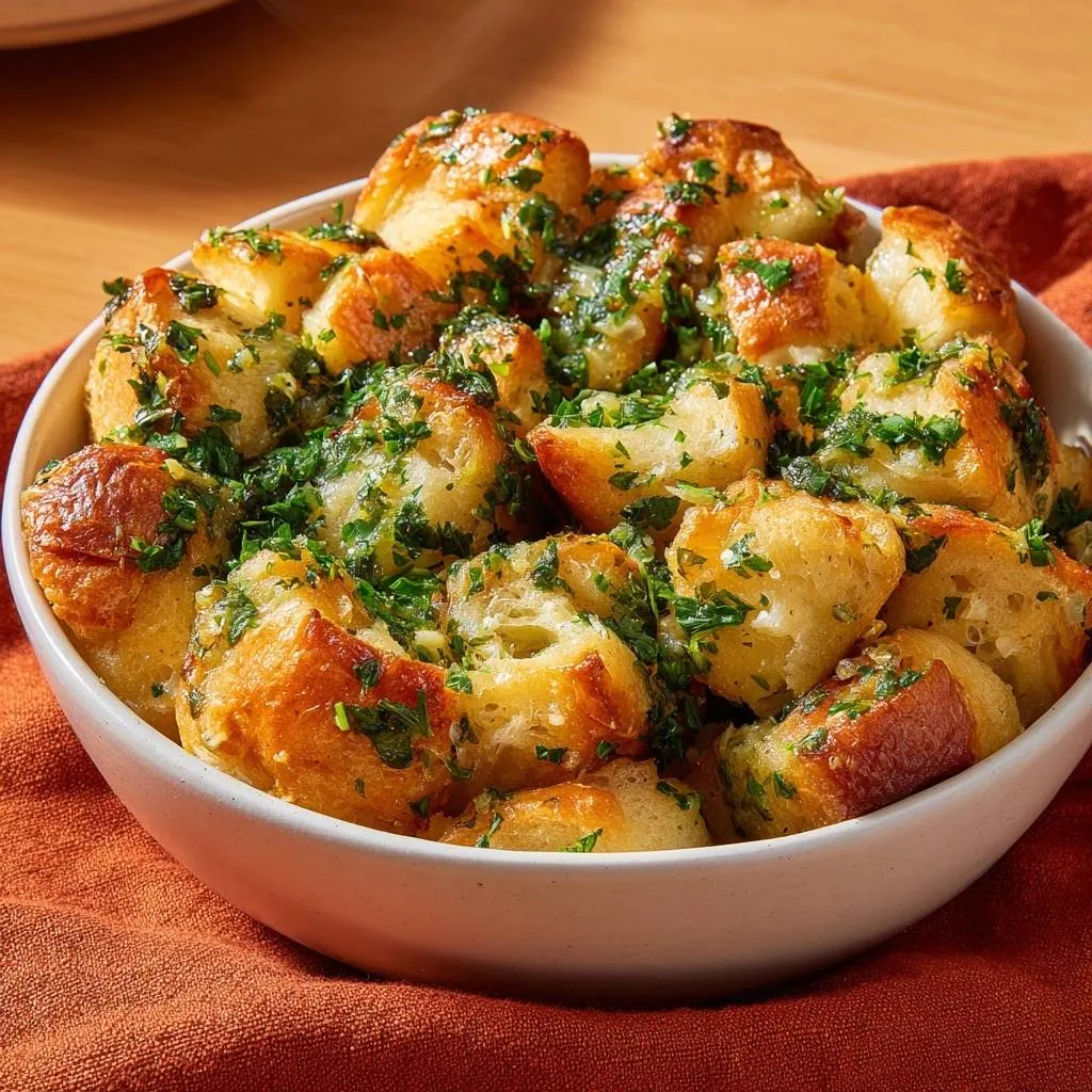 Crispy garlic parsley bread bites are piled high in a white bowl, glistening with herbs and garlic.