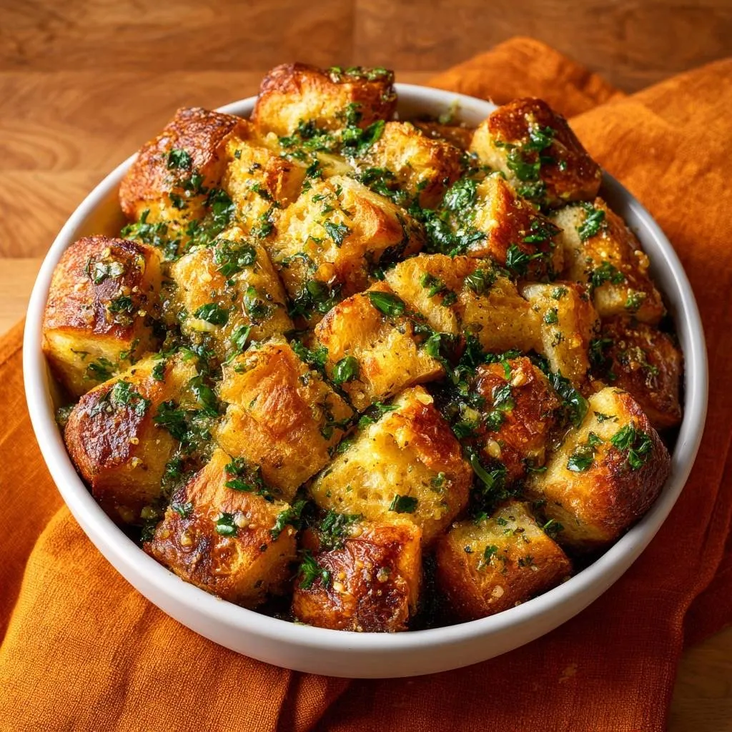 Crispy garlic parsley bread bites are glistening with sauce and piled high in a white bowl, close-up shot.