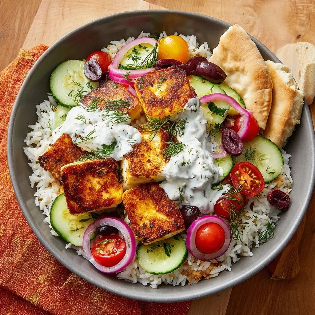 Crispy Greek fish rice bowl served overhead with cucumber, tomatoes, olives, and pita bread.