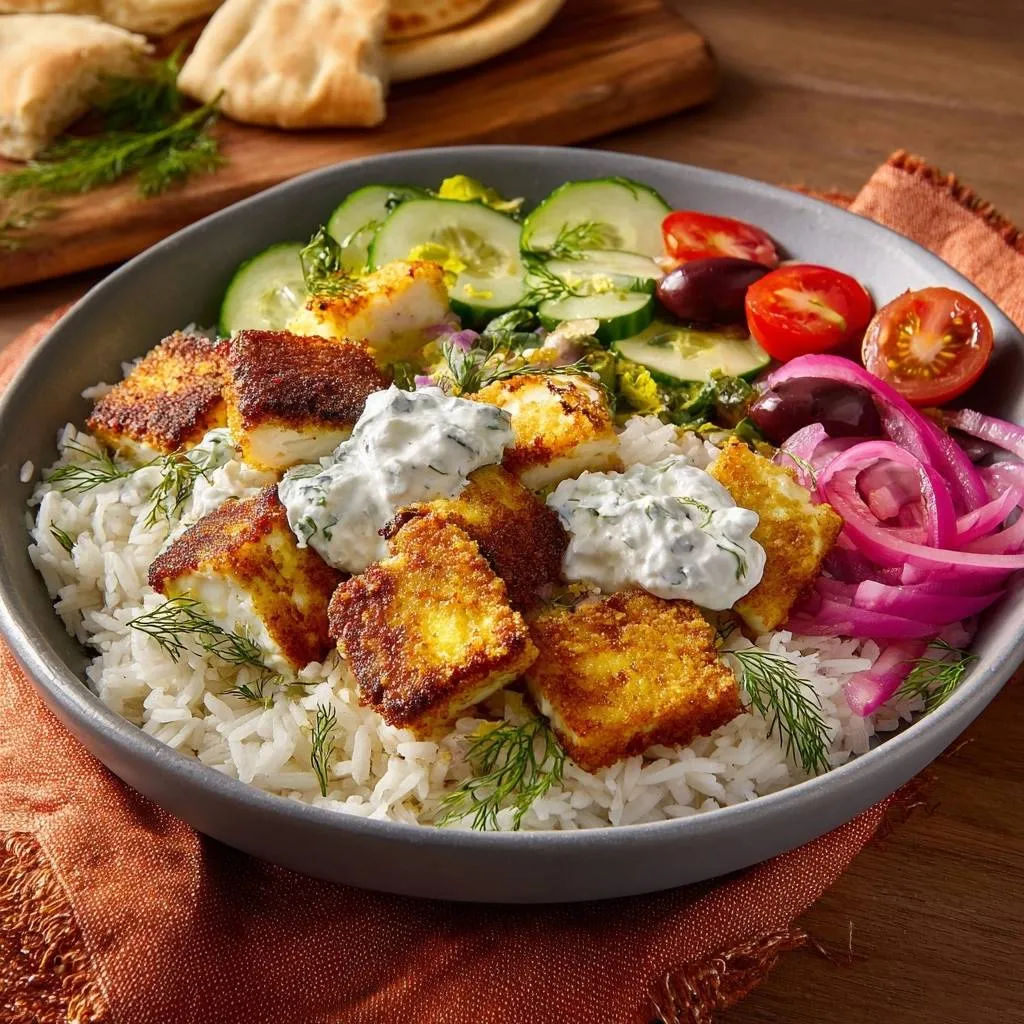 Crispy Greek fish rice bowl served with cucumber, tomato, olives, pickled onions, and yogurt sauce in a grey bowl.
