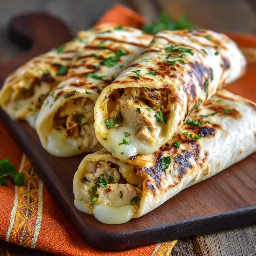 Crispy grilled chicken quesadillas shown in a close-up cross-section with melted cheese oozing out.