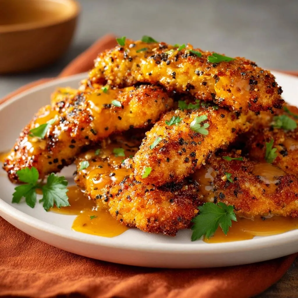 Crispy honey pepper chicken tenders are drizzled with a glistening glaze and garnished with fresh parsley.