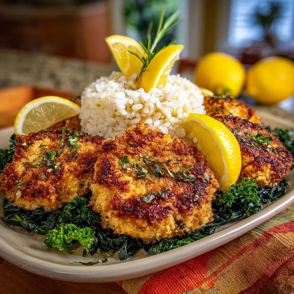 Crispy lemon herb fish cakes plated with rice and garnished with lemon slices and rosemary.