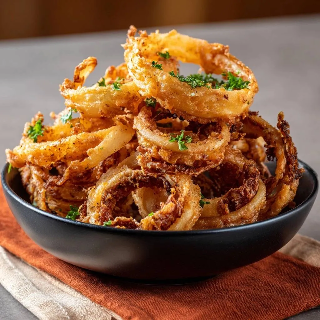 Crispy onion rings piled high in a black bowl, garnished with fresh parsley, showcasing their golden-brown texture.