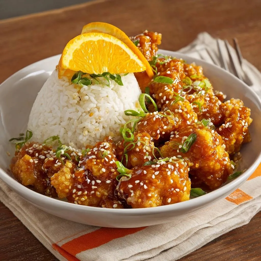 Crispy orange chicken rice bowl garnished with sesame seeds and orange slices, served with white rice.