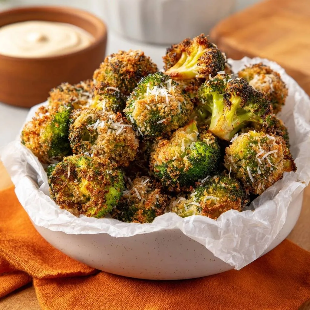 Crispy panko parmesan broccoli bites served in a white bowl, showcasing a close-up view of the breaded florets and cheese.