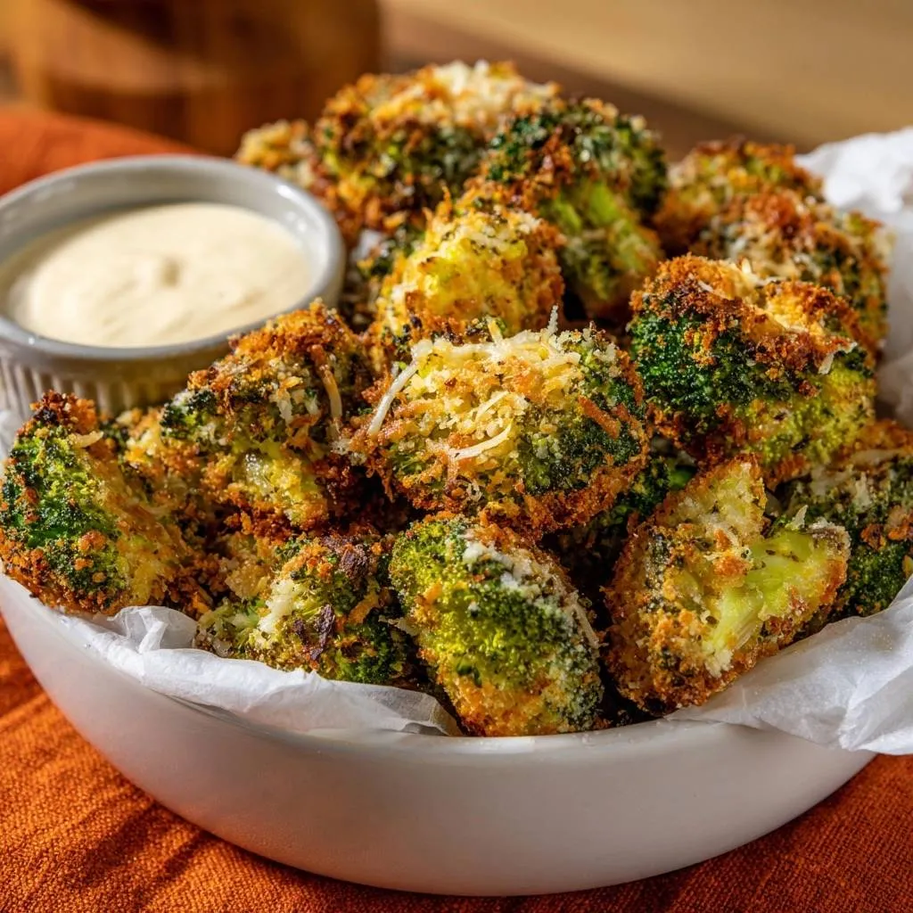 Crispy panko parmesan broccoli bites served in a white bowl with a side of dipping sauce.