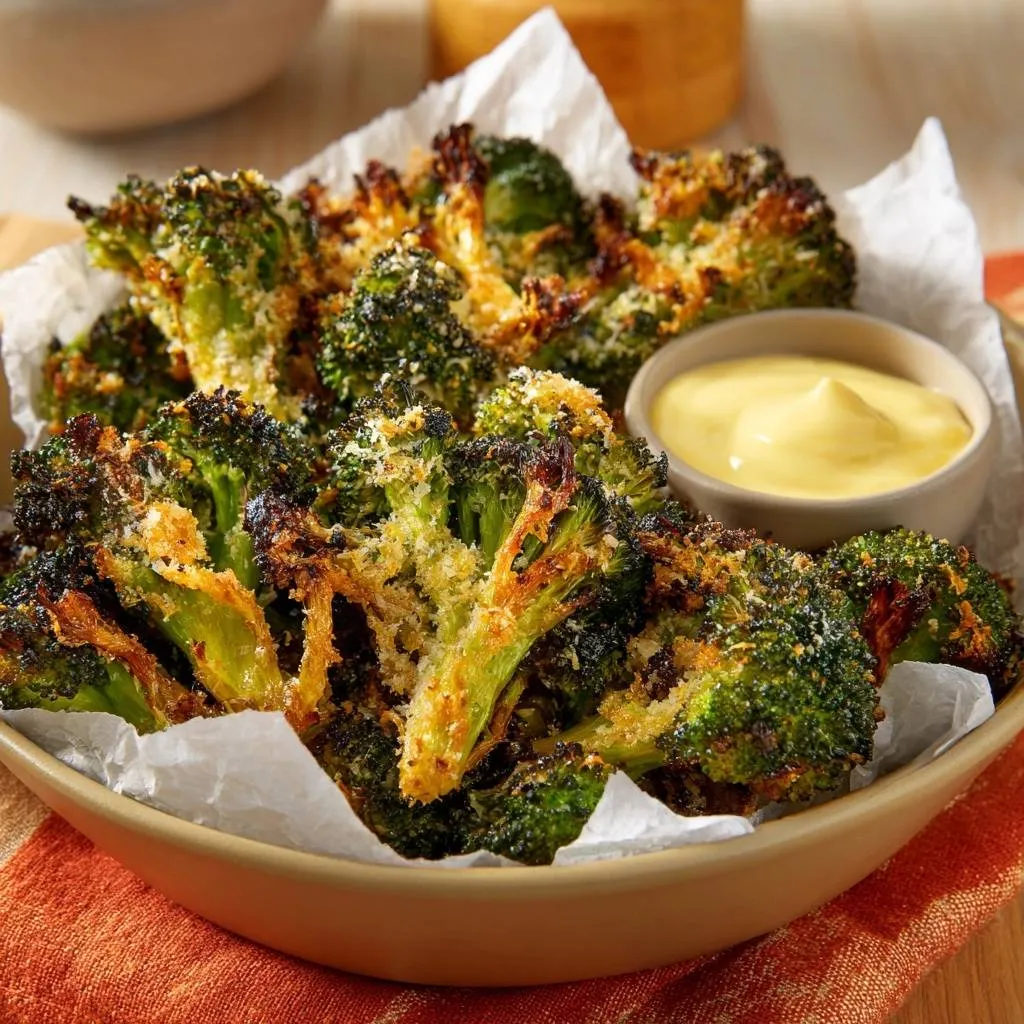 Crispy Parmesan Roasted Broccoli served in a bowl with a side of dipping sauce, showcasing a close-up view of the roasted florets.