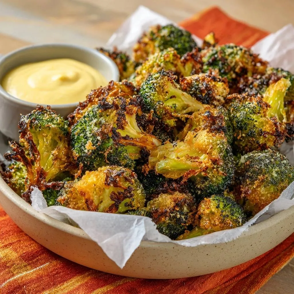 Crispy Parmesan Roasted Broccoli served in a bowl with a side of dipping sauce, showcasing golden-brown florets.