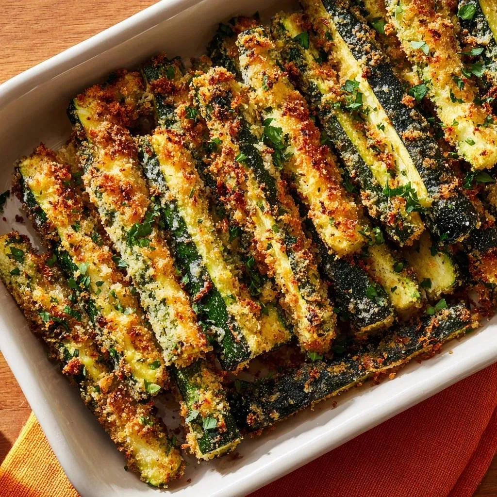 Crispy Parmesan Zucchini Fries shown in a white baking dish, coated in breadcrumbs and herbs.