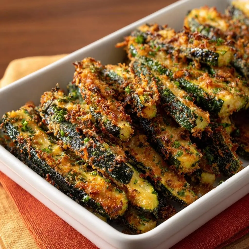 Crispy Parmesan Zucchini Fries shown in a white dish, highlighting their breaded texture and fresh green herbs.