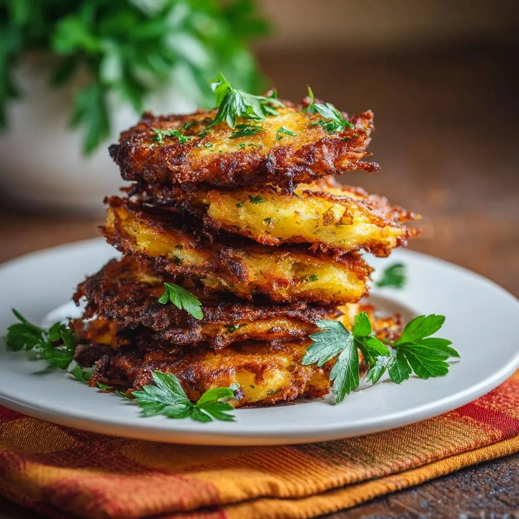 Crispy potato latkes stacked high on a white plate, garnished with fresh parsley sprigs.