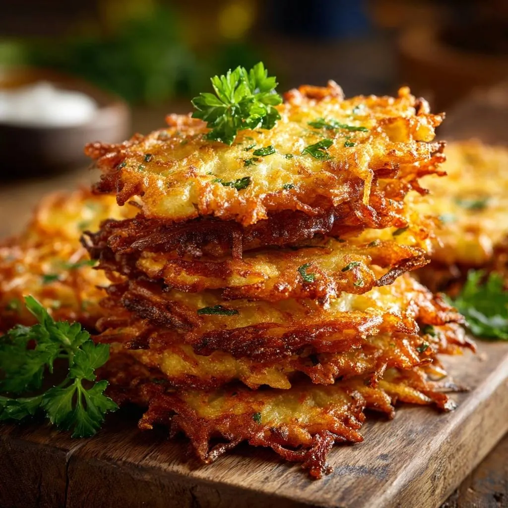 Crispy potato latkes stacked high on a wooden board, garnished with fresh parsley.