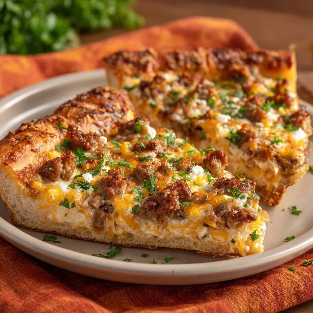 Crispy sausage cheese pizza shown in a close-up cross-section revealing layers of cheese and sausage.