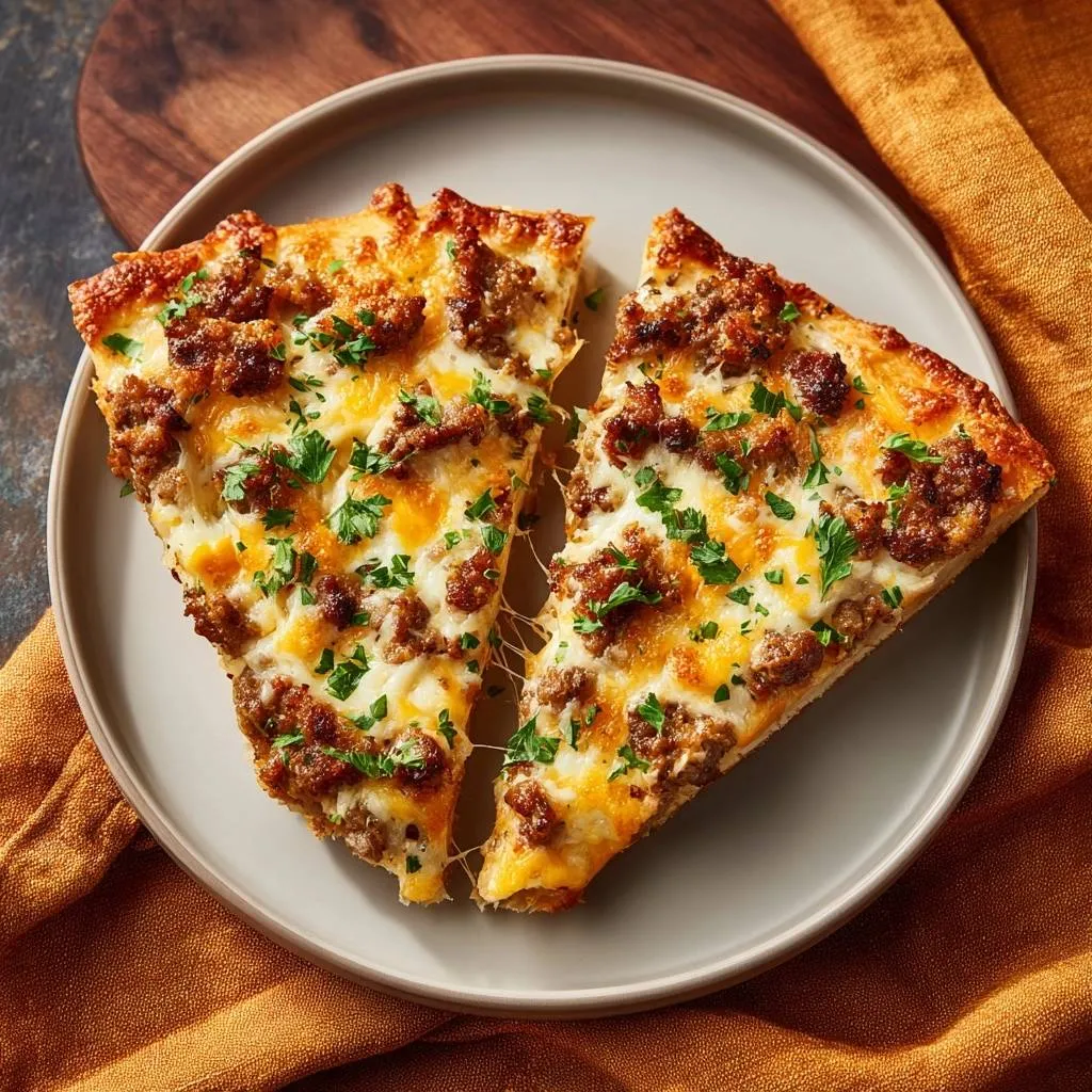 Crispy sausage cheese pizza shown as two sliced pieces on a plate, garnished with fresh parsley.