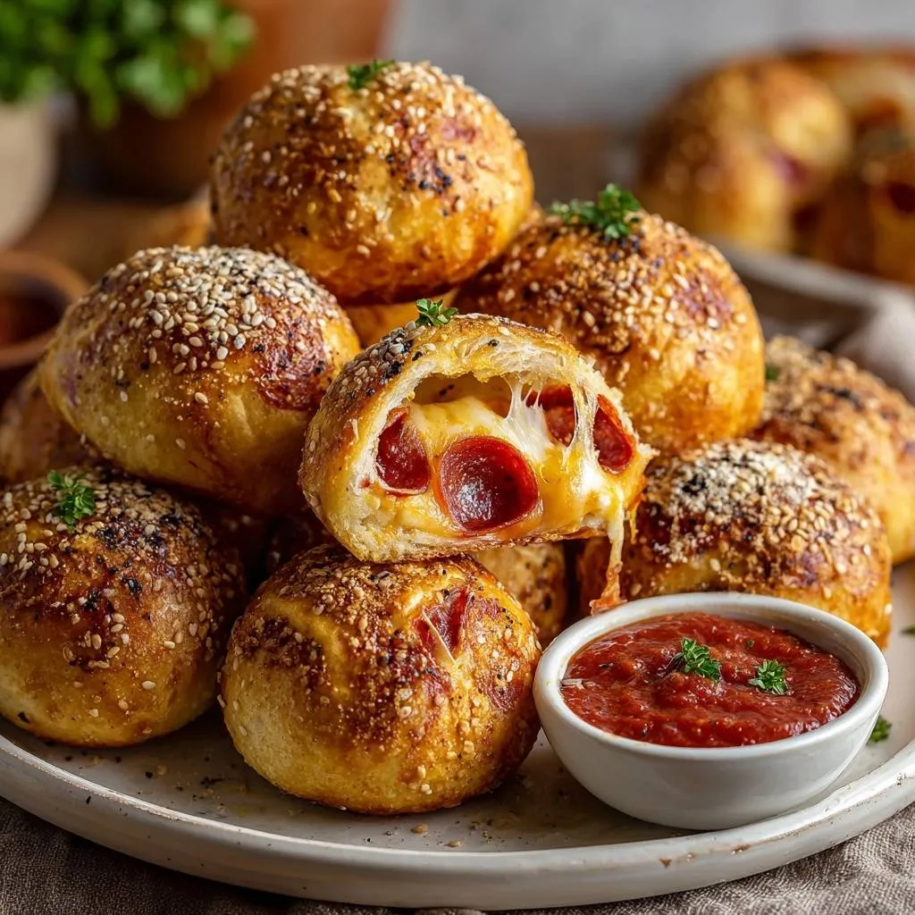 Crispy sesame pepperoni mozzarella balls cross-section revealing gooey cheese and pepperoni filling with a side of marinara sauce.