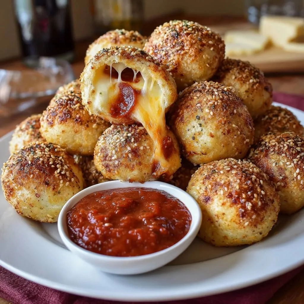 Crispy sesame pepperoni mozzarella balls with a cross-section revealing melted cheese and pepperoni.