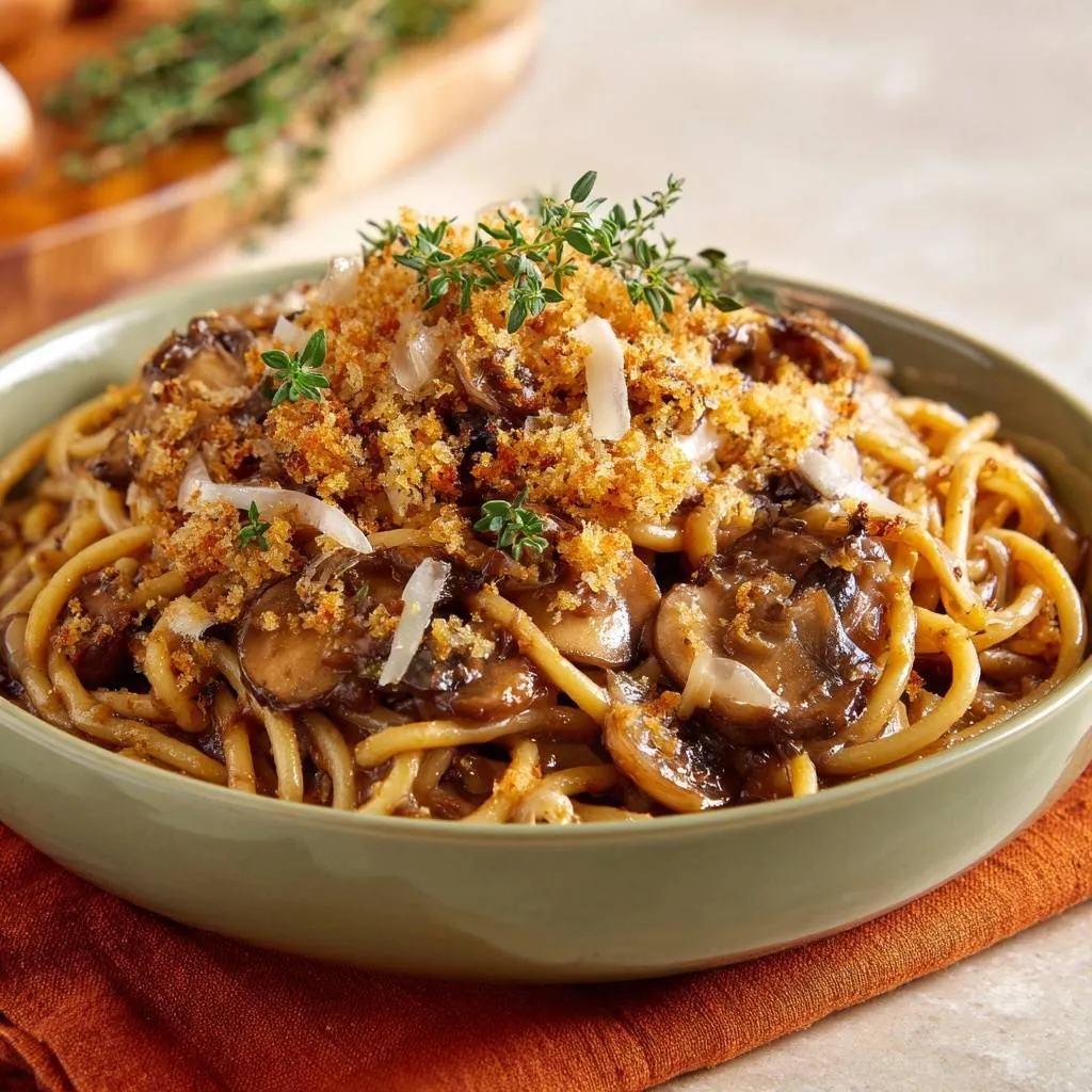 Crispy thyme mushroom pasta recipe with a golden breadcrumb topping and fresh thyme garnish.