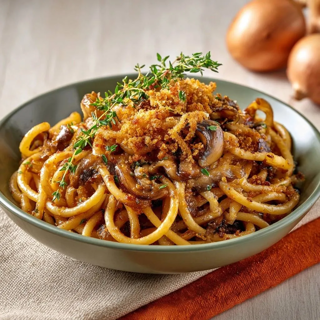 Crispy thyme mushroom pasta with a close-up detail of fresh thyme and toasted breadcrumb garnish.