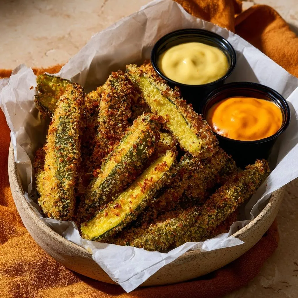 Crispy zucchini fries served in a bowl with two dipping sauces, a close-up side view.