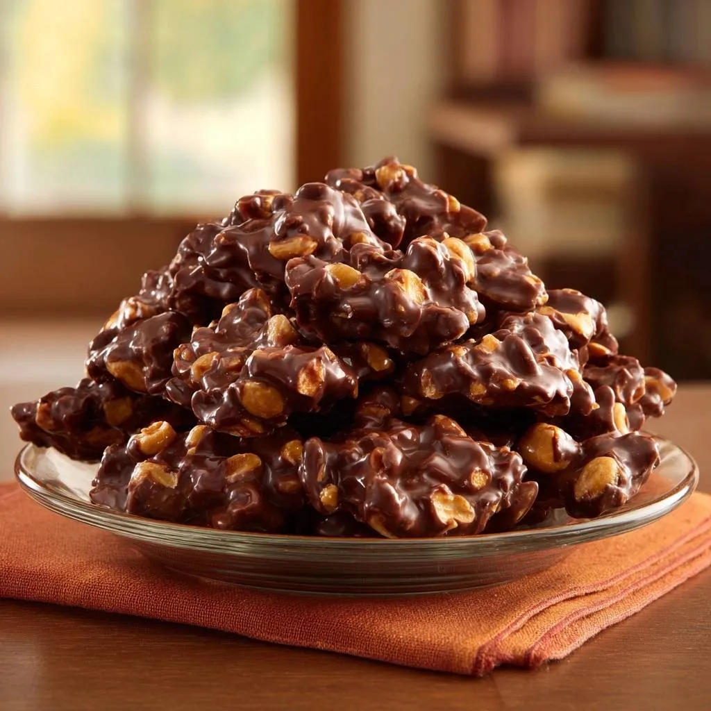 Crunchy chocolate peanut clusters piled high on a clear glass plate, showcasing their rich texture and individual pieces.