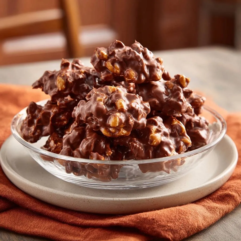 Crunchy chocolate peanut clusters are stacked high in a clear glass bowl, showcasing their rich texture.